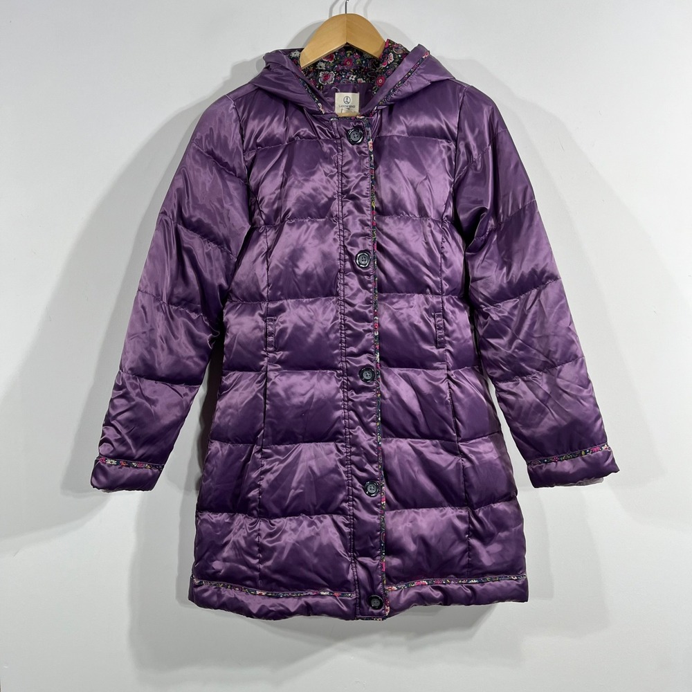 Lands End Purple Down Puffer Coat Floral Lining Hooded Parka Girls Large 14 Snow
